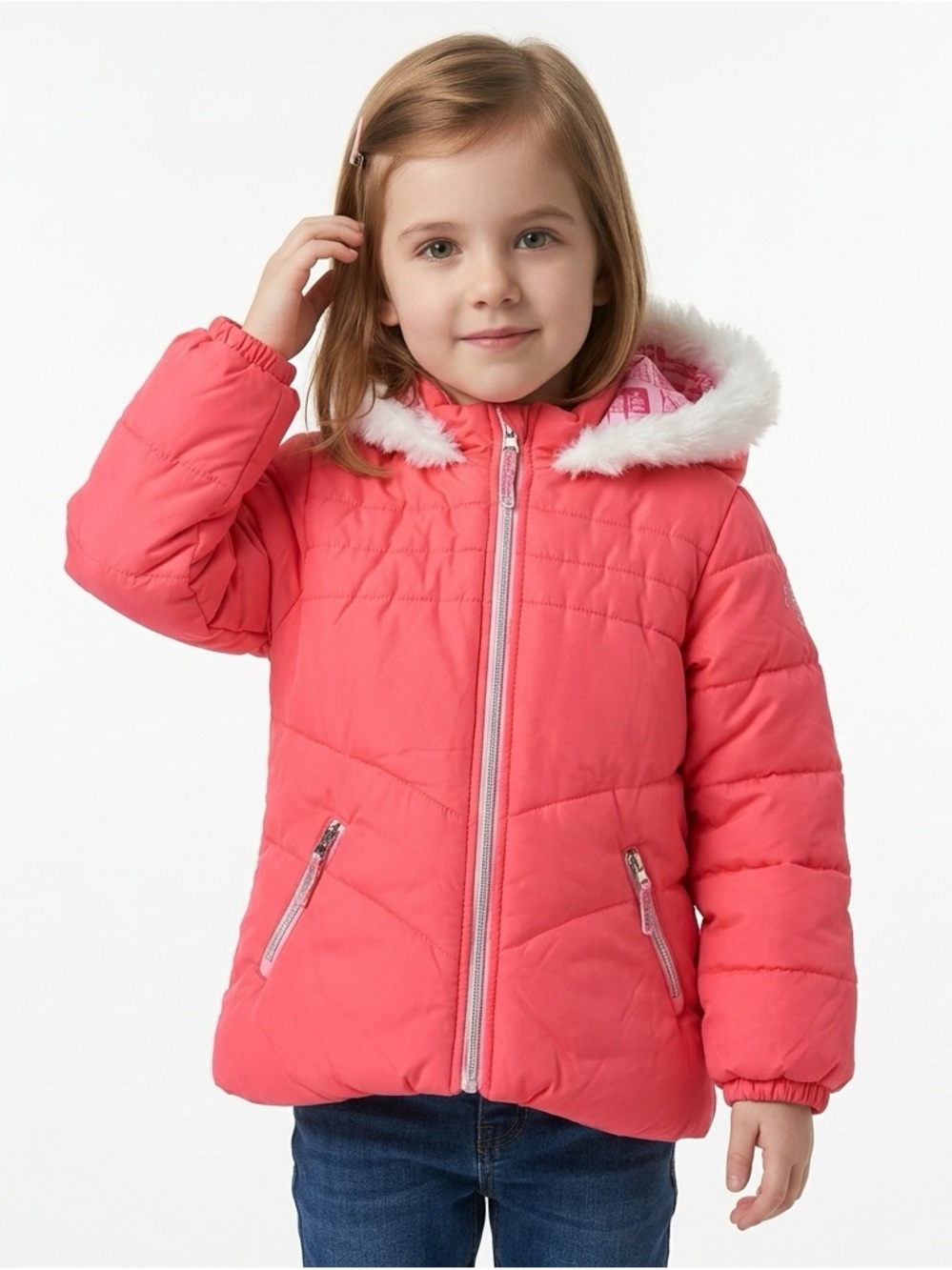 London Fog Coral Pink Hooded Puffer Jacket with Faux Fur Trim